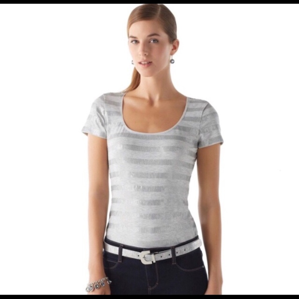 White House Black Market Gray Striped Short Sleeve Tee